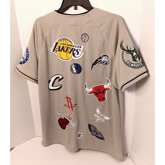 Vtg NBA Jersey Shirt Men M Tan All Over Print Patchwork Lakers Bulls Knicks Heat - Picture 7 of 11